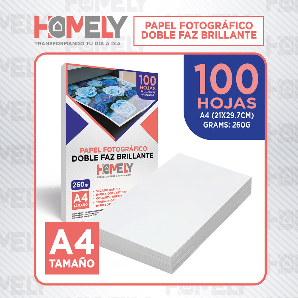 Papel fotográfico doble faz brillante A4 100 hojas 260 g