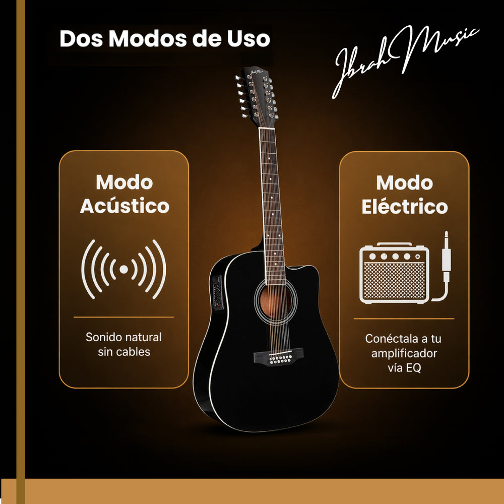 Guitarra Electroacustica De 12 Cuerdas Ibrah Music 41" Color Negra Con Funda De Transporte Y Pack Accesesorios - Default Title