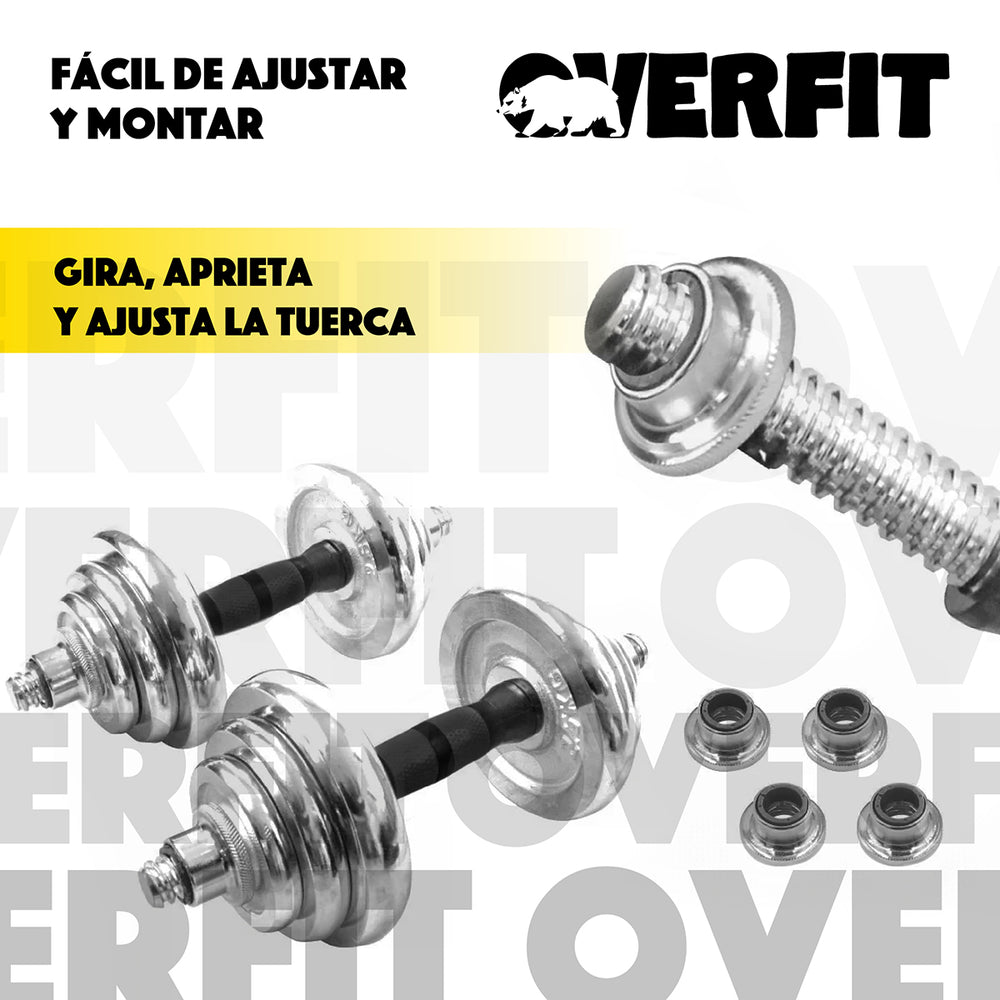 Mancuernas Cromadas 30kg Ajustables + Barra Unibles Overfit