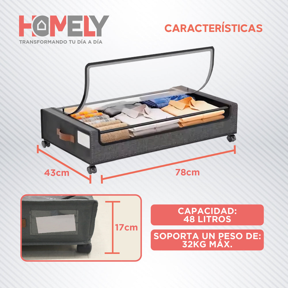 Cajas Organizadoras Bajo Cama Homely Carrito Ruedas 48L X2