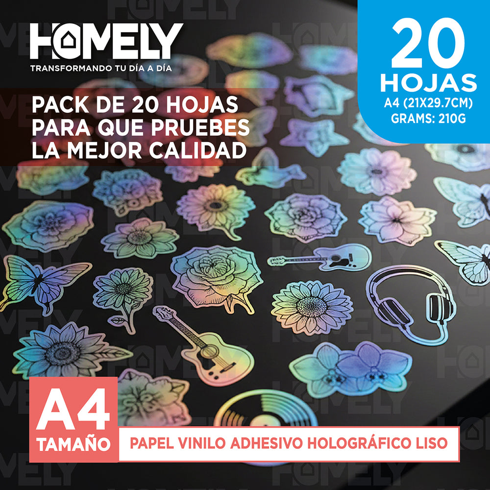 Papel Vinilo Adhesivo Holografico A4 20 Hojas Homely 210g Blanco