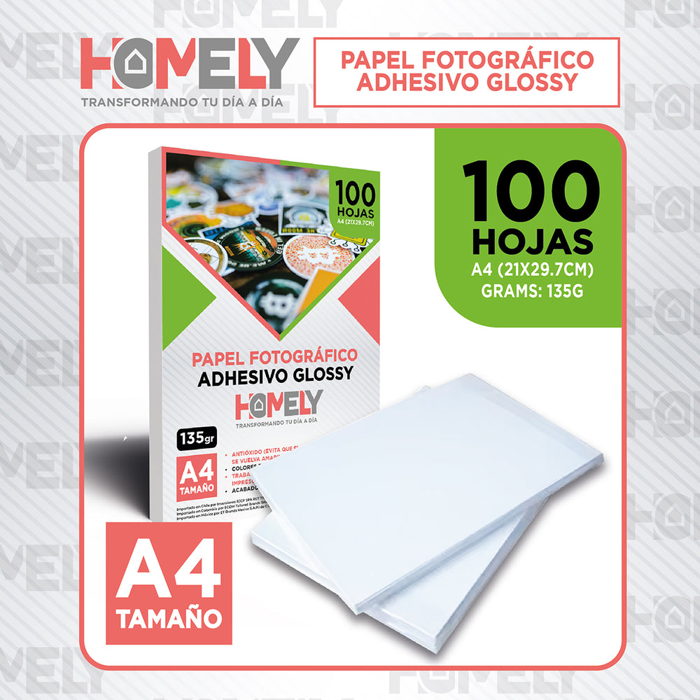 Papel Fotografico Glossy Adhesivo A4 135 Grs Homely 100 Hoja