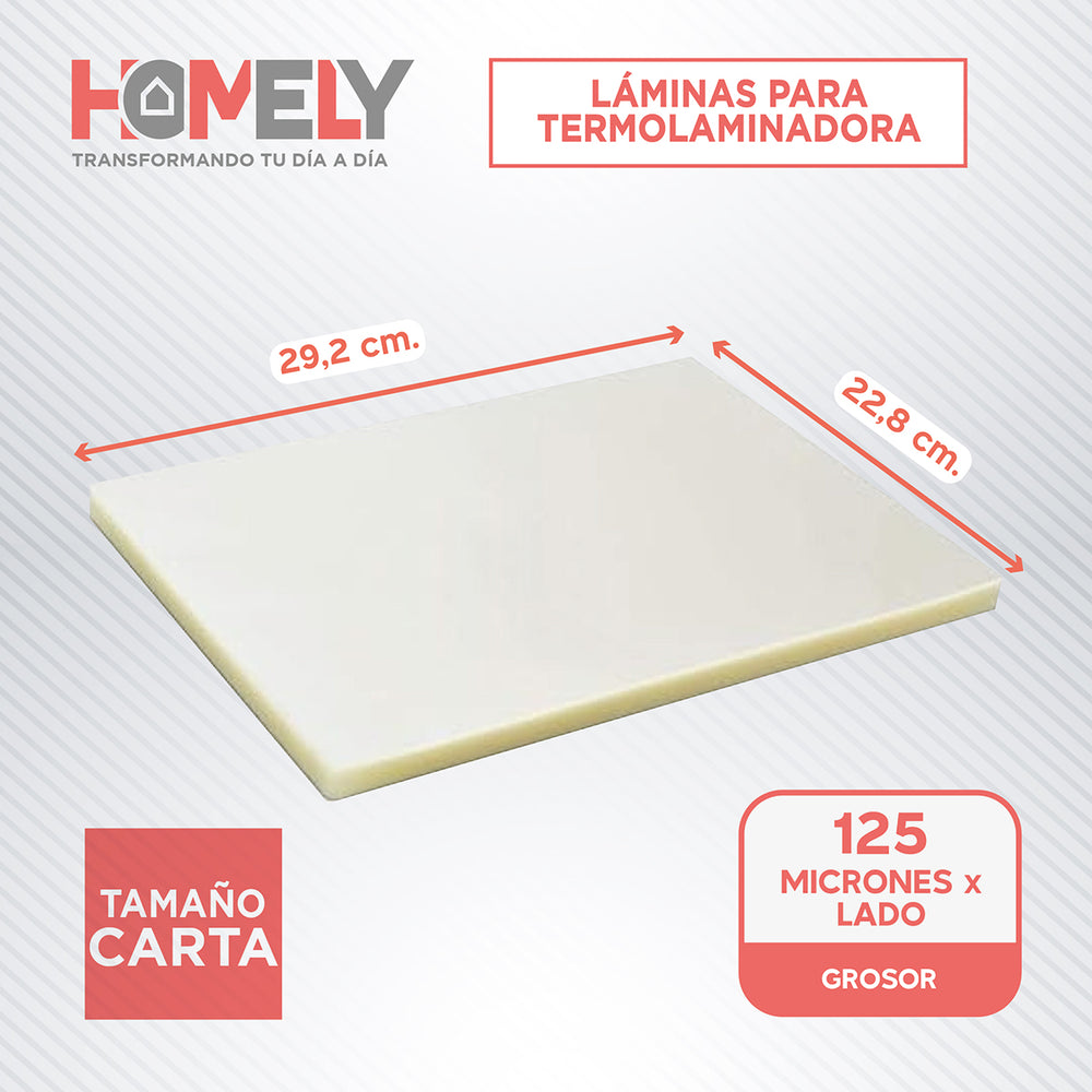 Laminas Para Termolaminadora Tamaño Carta 100 Micas 125 Micrones Homely Plastificadora - Default Title