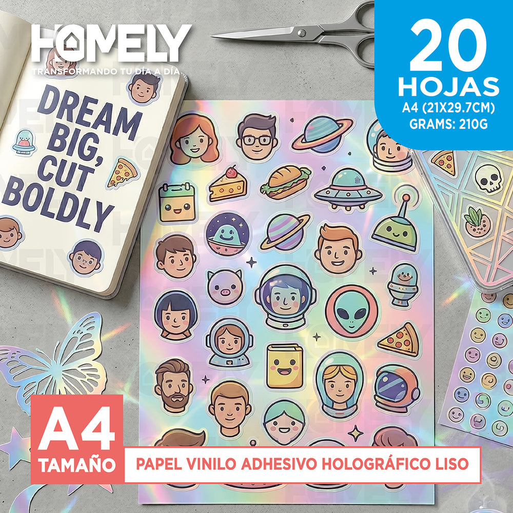 Papel Vinilo Adhesivo Holografico A4 20 Hojas Homely 210g Blanco