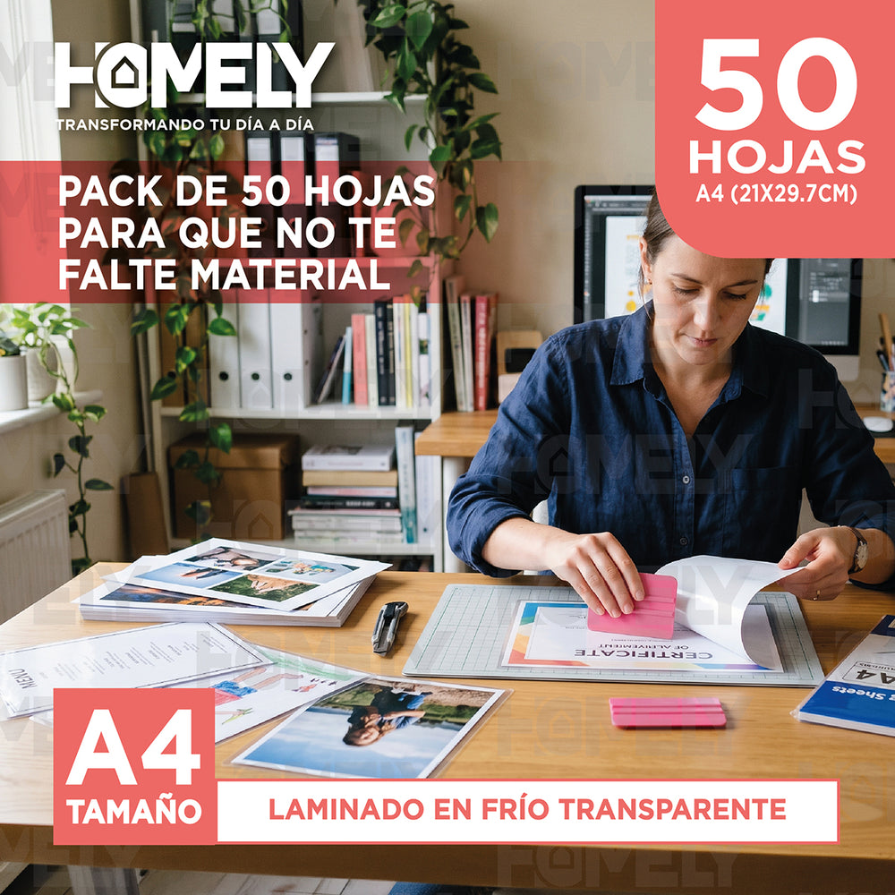 Papel Laminado Frio Adhesivo Transparente A4 Homely 50 Hojas