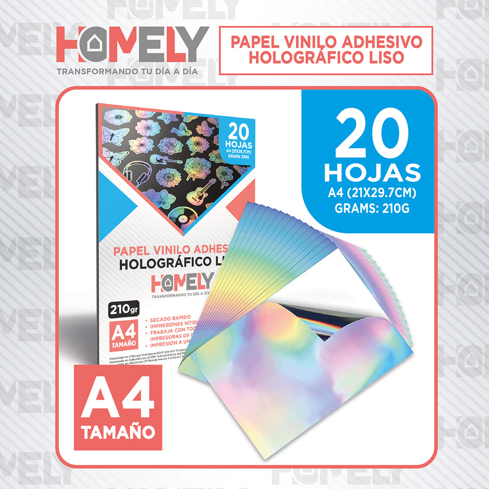 Papel Vinilo Adhesivo Holografico A4 20 Hojas Homely 210g Blanco