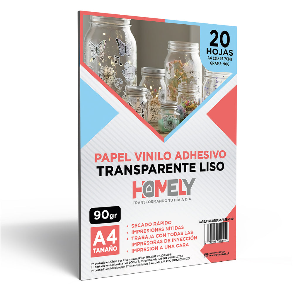 Papel Vinilo Adhesivo Transparente A4 20 Hojas Homely 90g Blanco