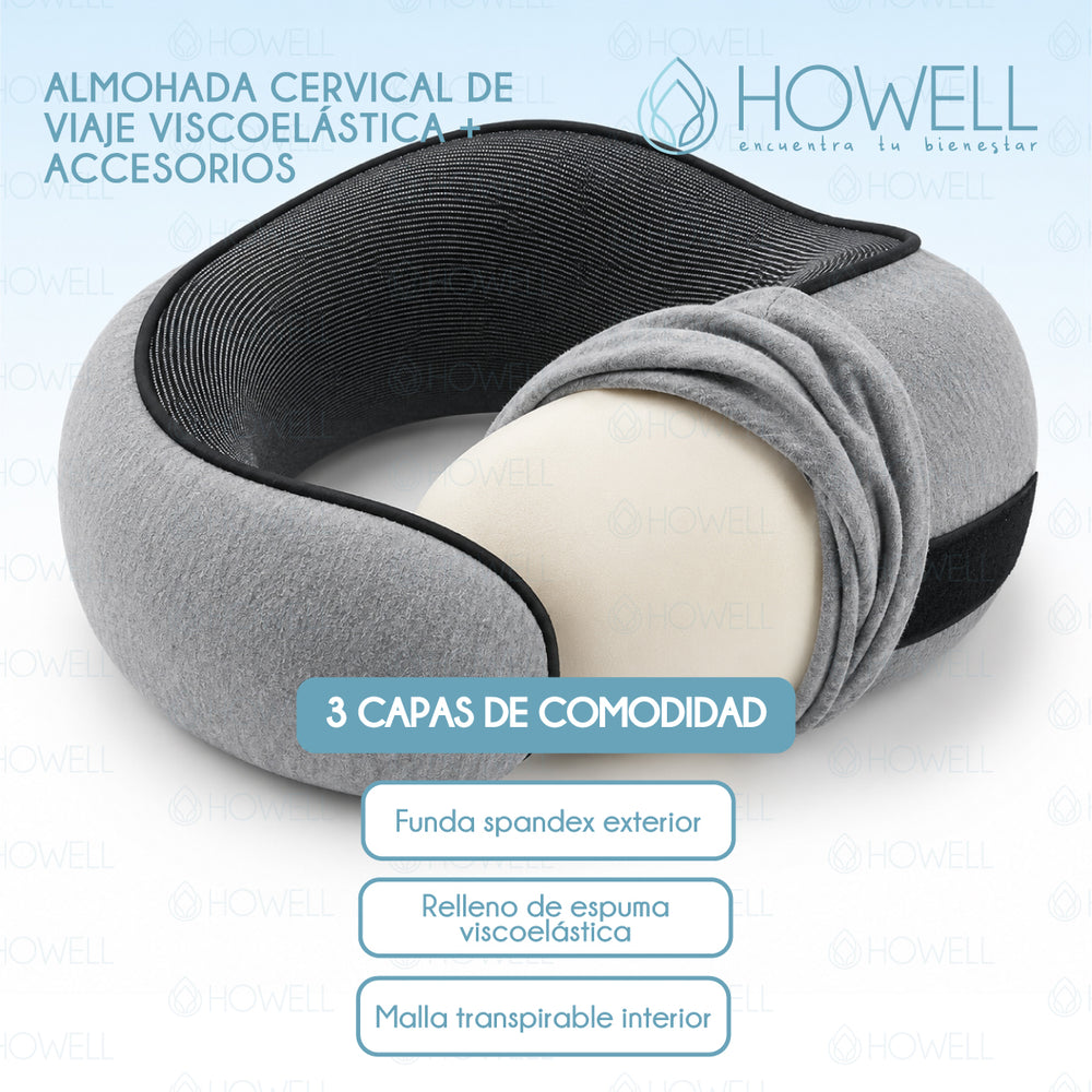 Almohada De Viaje Cervical Howell Viscoelastica + Accesorios