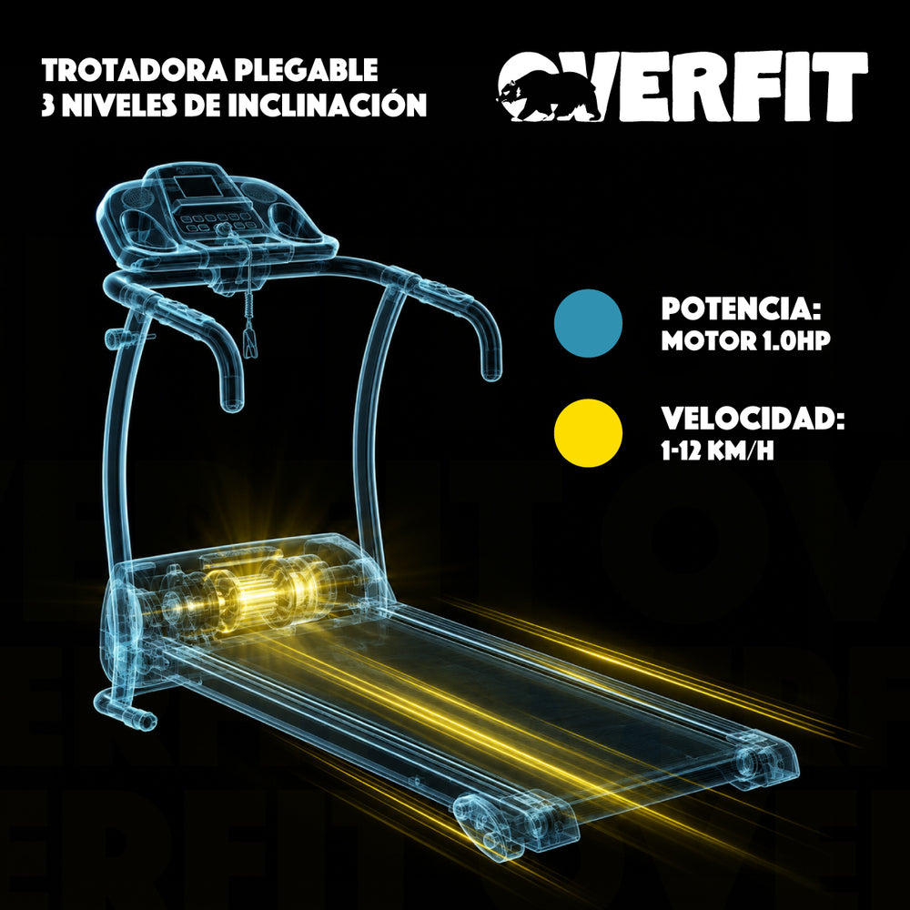 Trotadora 1 Hp Overfit Plegable 12Km 3 niveles Inclinacion