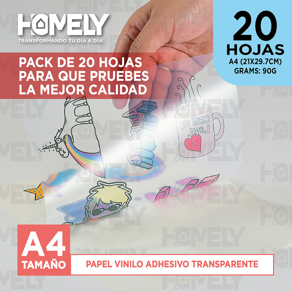 Papel Vinilo Adhesivo Transparente A4 20 Hojas Homely 90g Blanco