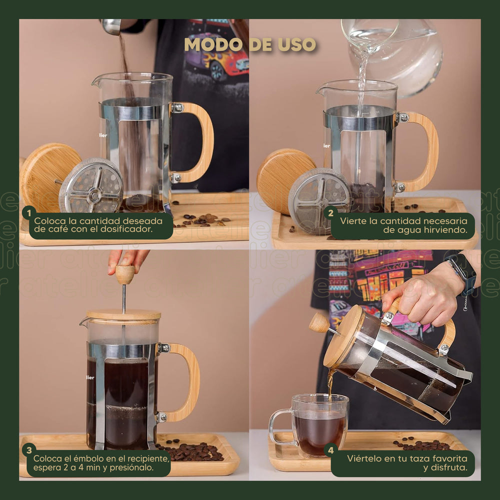 Cafetera Francesa 600ml Atelier Prensa Vidrio Acero Inoxidable Portatil Con Dosificador