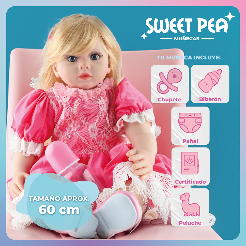Bebe Reborn Ricitos D Oro Sweet Pea Muñec Real Silicona 60cm