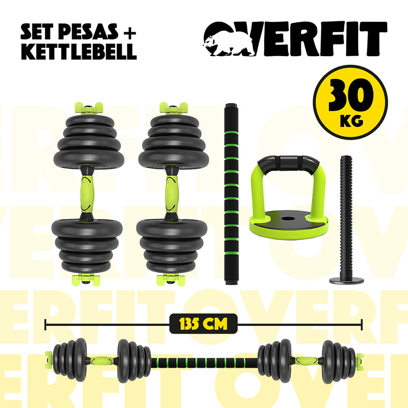 Set Mancuernas + Barra + Kettlebell Unibles Overfit 30kg