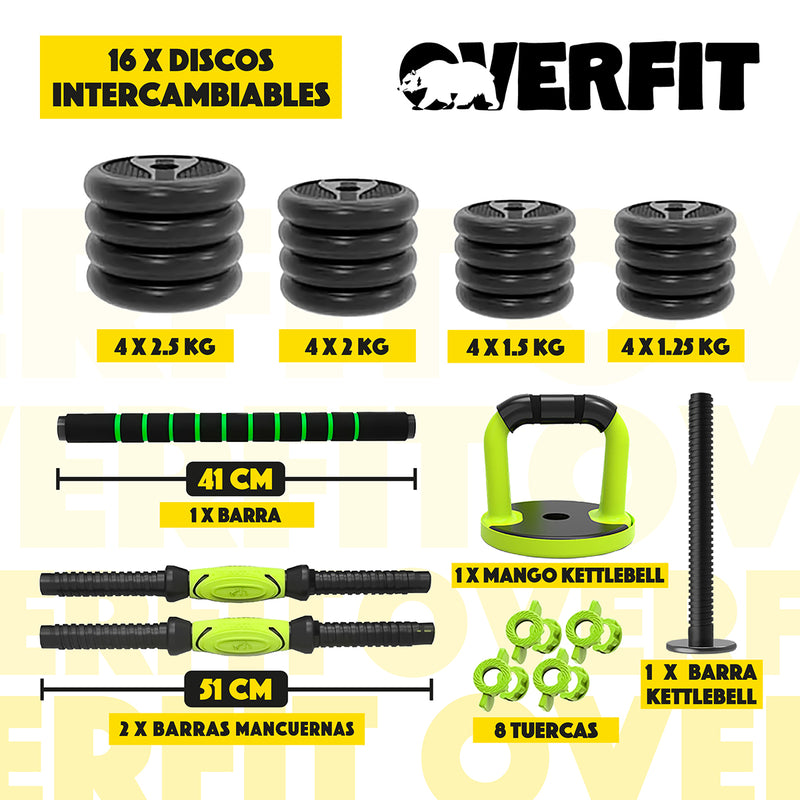 Set Mancuernas + Barra + Kettlebell Unibles Overfit 30kg